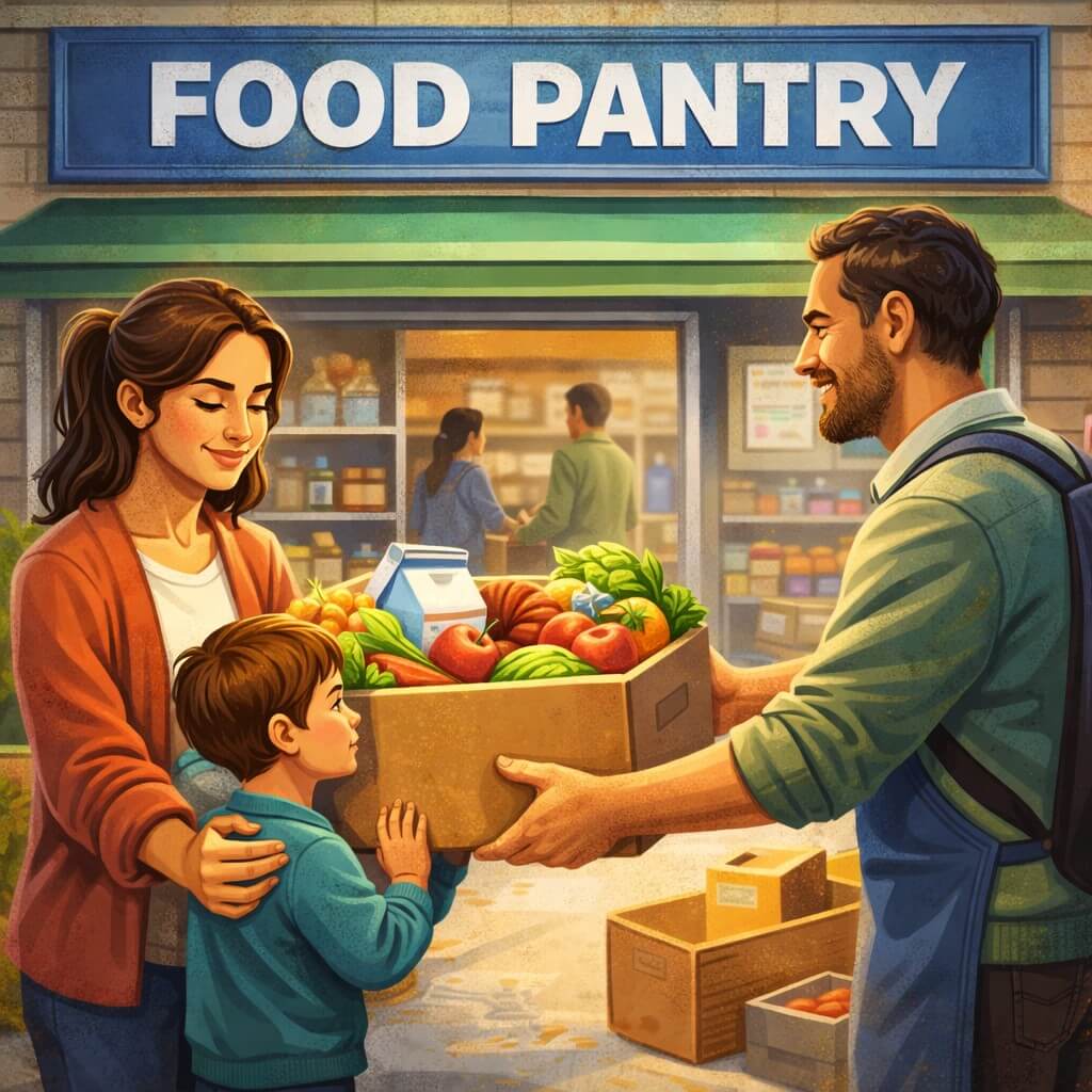 Family receiving groceries at a local food pantry