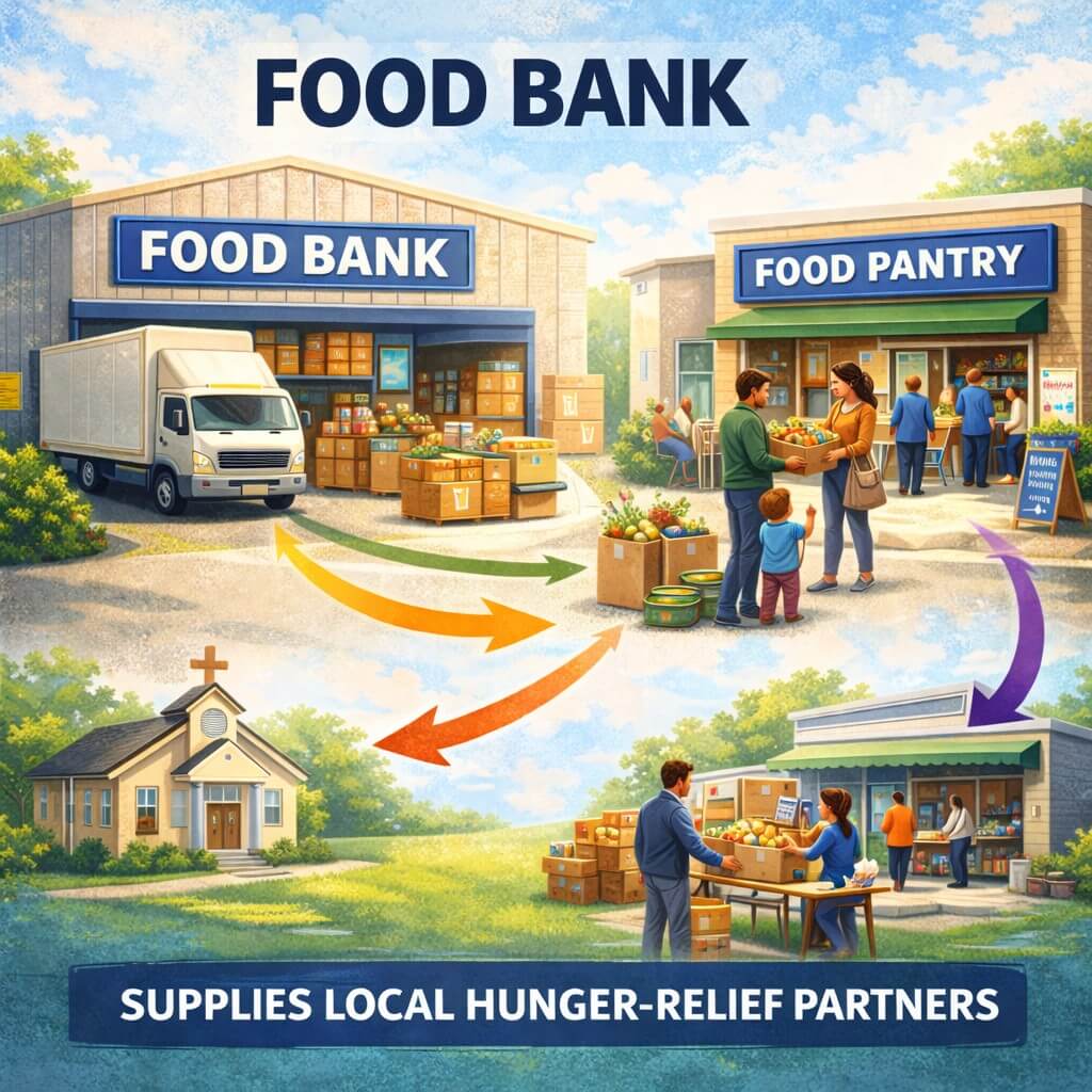 Illustration showing how a food bank supplies local food pantries